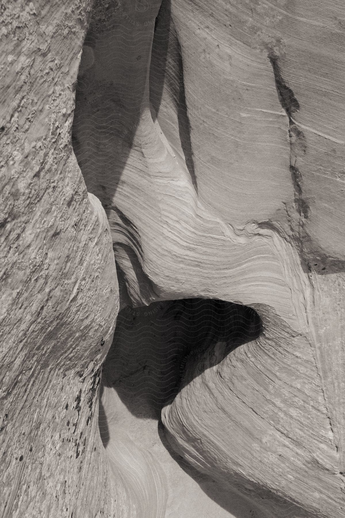 A black and white image of a rock in nature