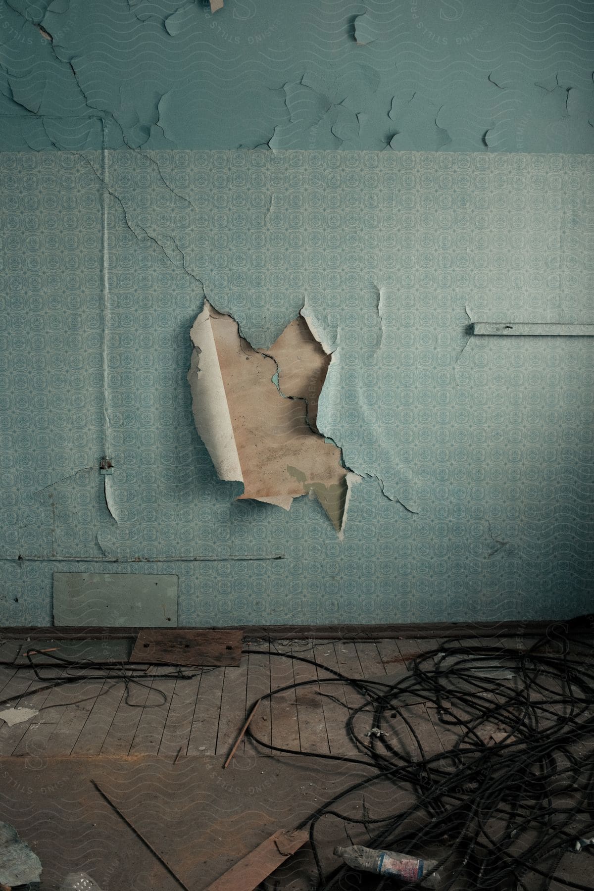 Torn blue wallpaper and electrical cables on the floor inside a shabby house