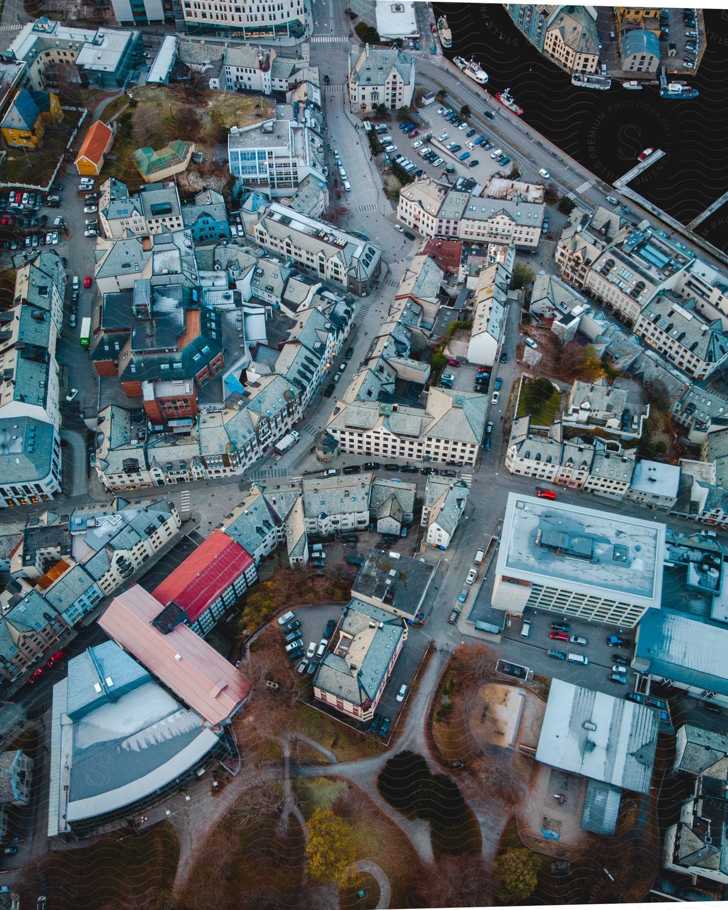 Aerial view of a neighborhood with houses streets and vehicles in norway