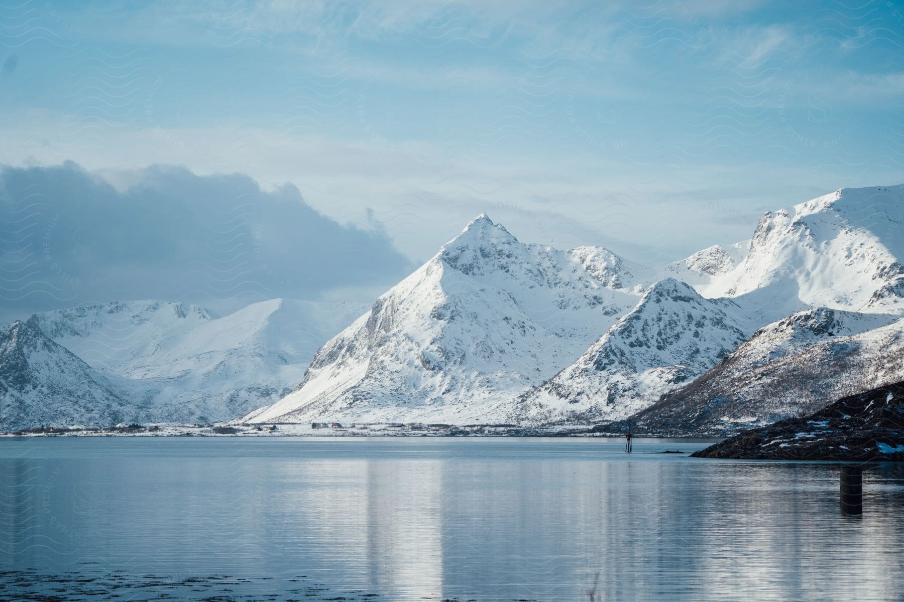 Snow covered mountains reflecting on water under a cloudy sky along the coast in norway