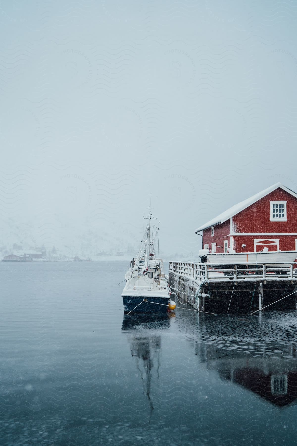 Boat moored to a pier next to a red cabin in the arctic sea