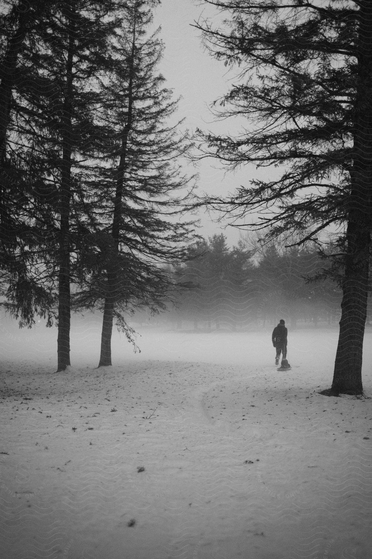 A person walking in a snowy woodland