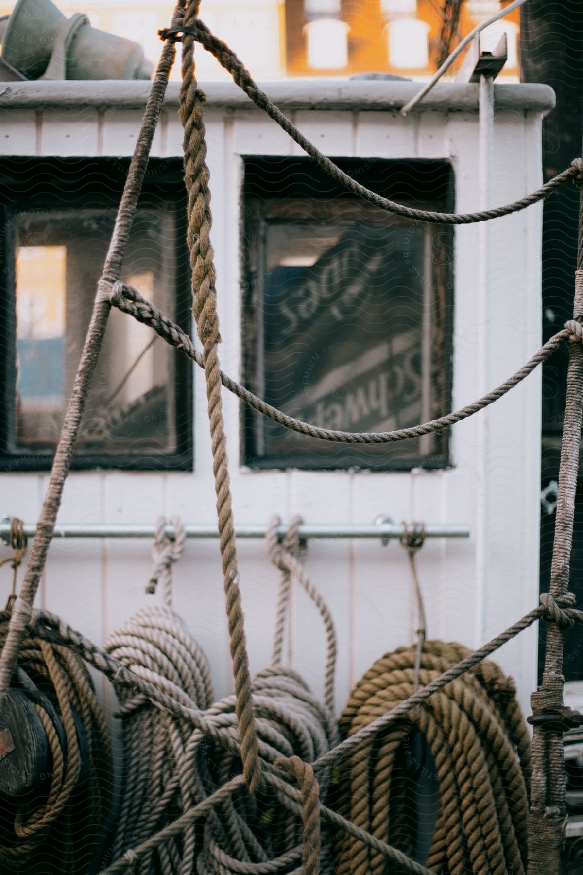 Bundles Of Rope Are Hung Up On A Boat