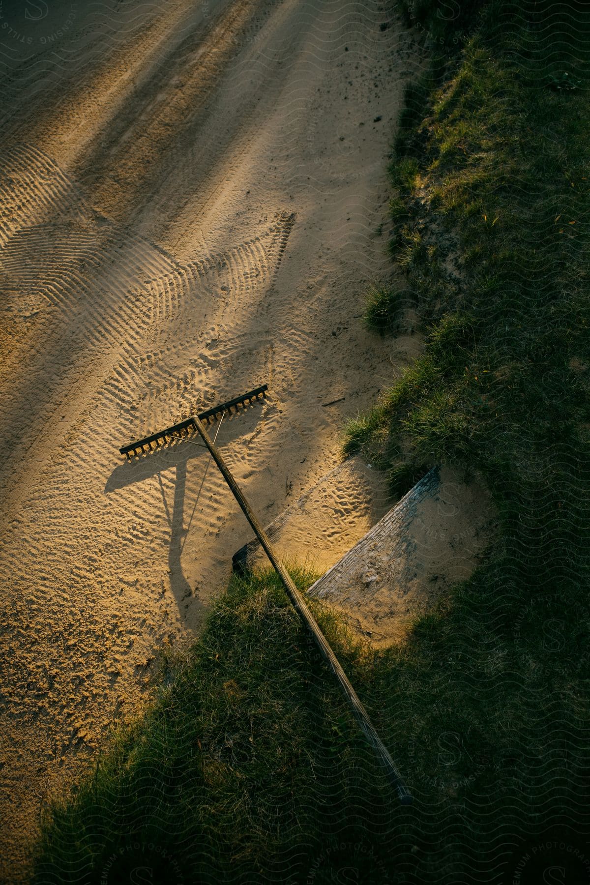 A rake rests over the sand in the ground at morning
