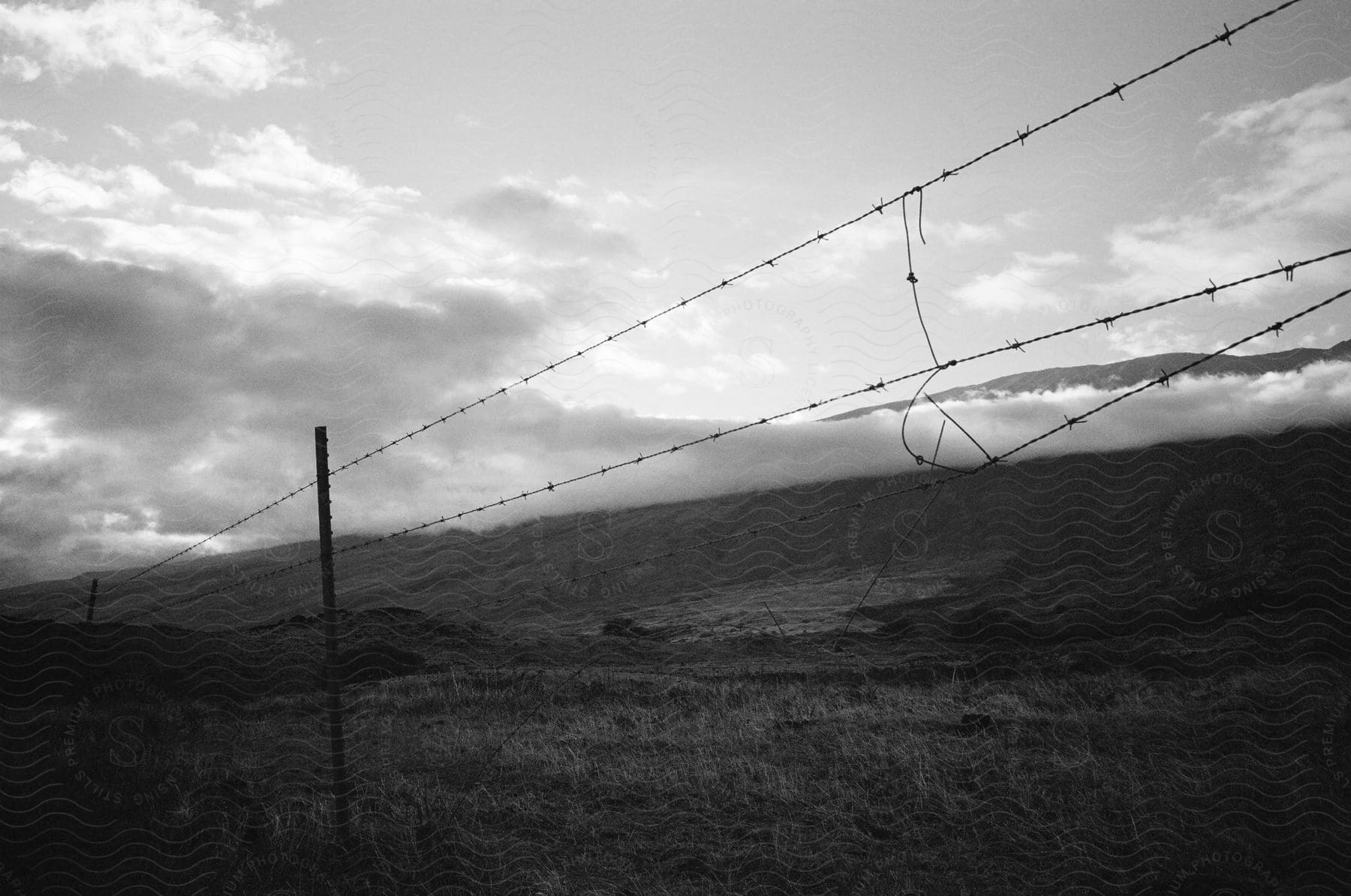 A barbed wire fence stretches across grasslands with clouds and hills in the background