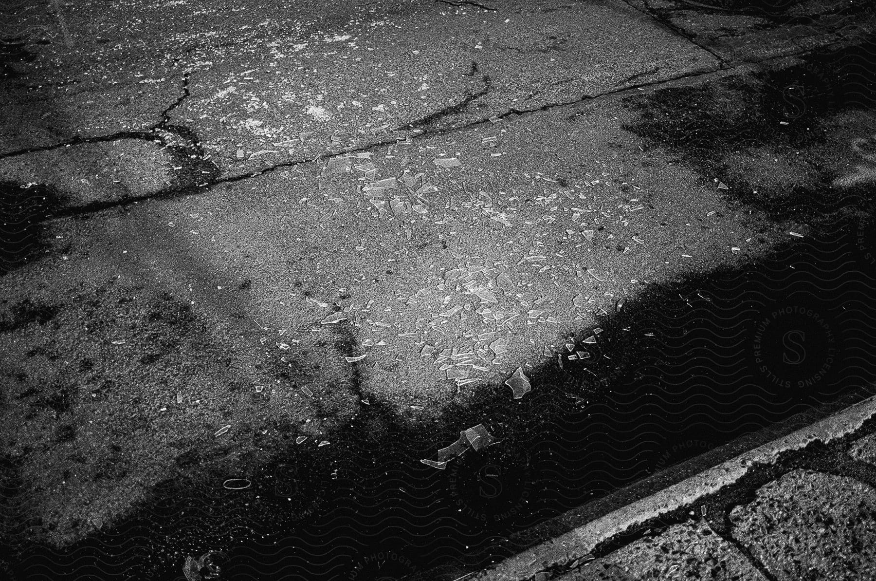 Broken glass is scattered on an asphalt road in brooklyn