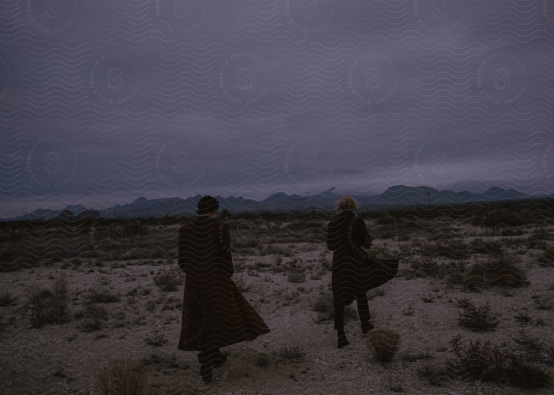 Man and woman walking through a desert