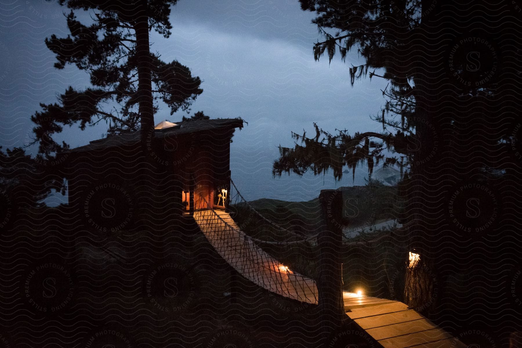 Coastal island cabin with ocean background