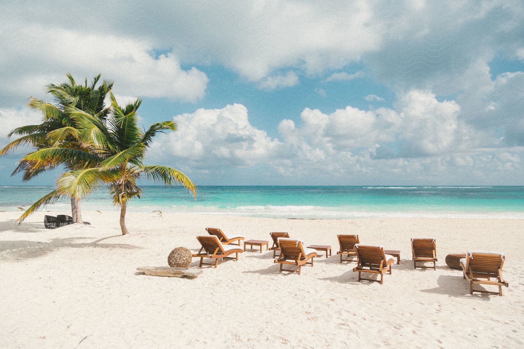 Beach setting with chairs and palm trees