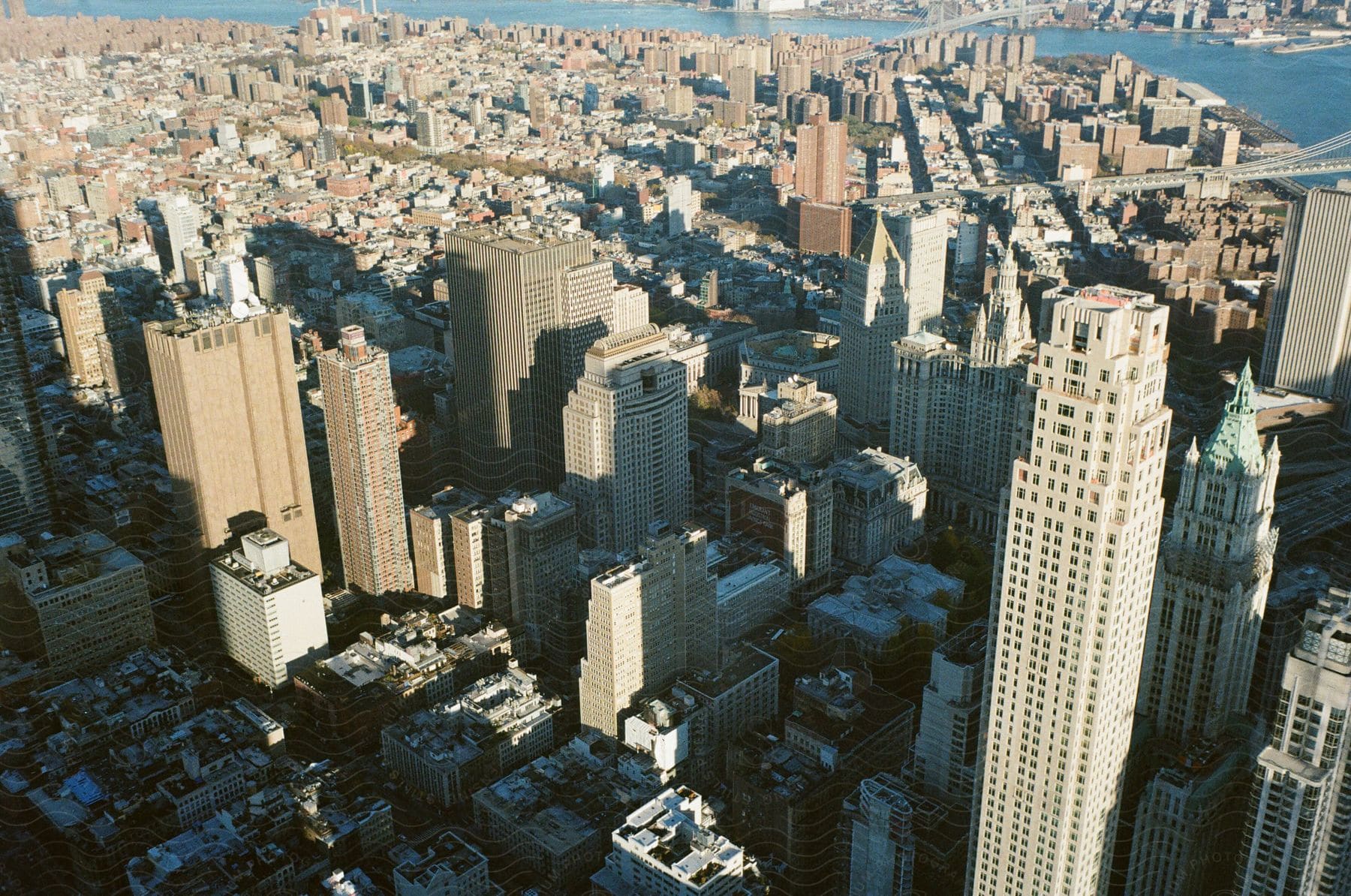 Aerial view of an urban city with skyscraper buildings