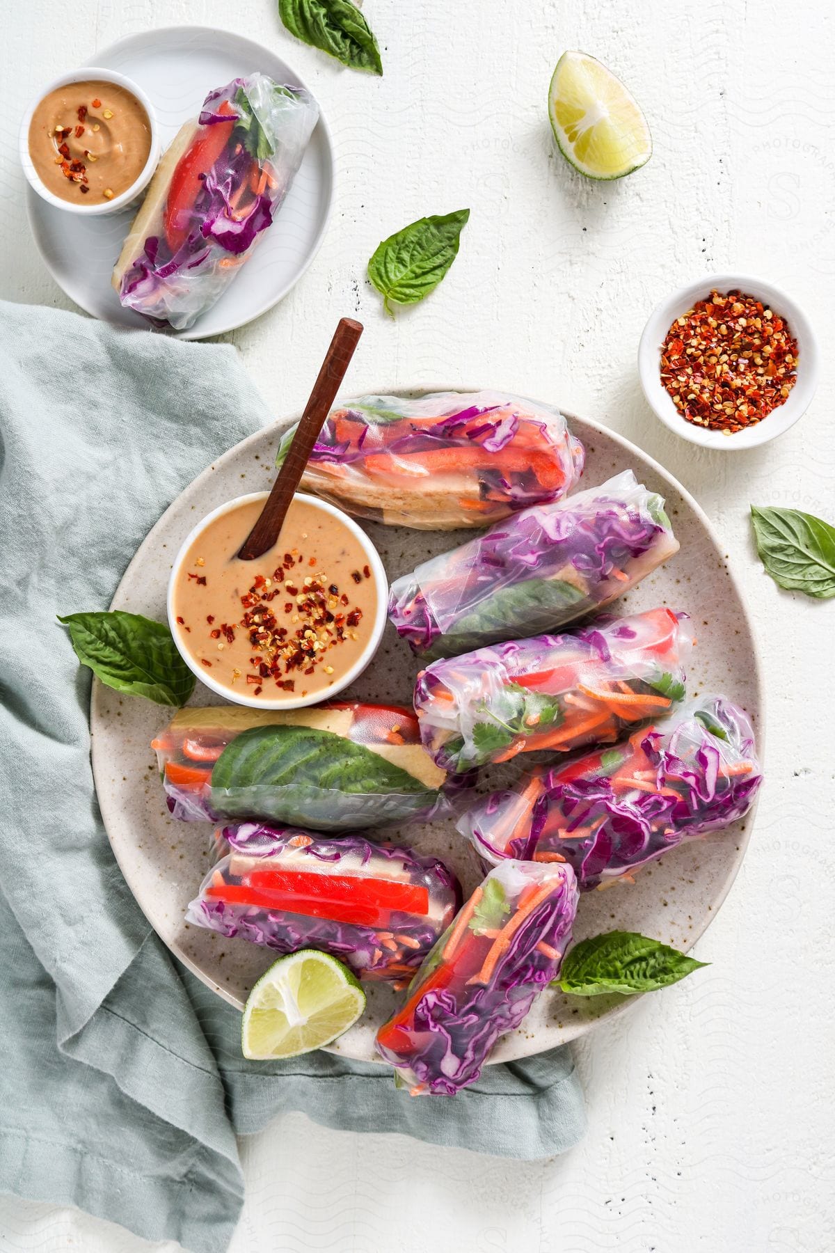 Vegetable rolls with sauce and garnishments on a plate