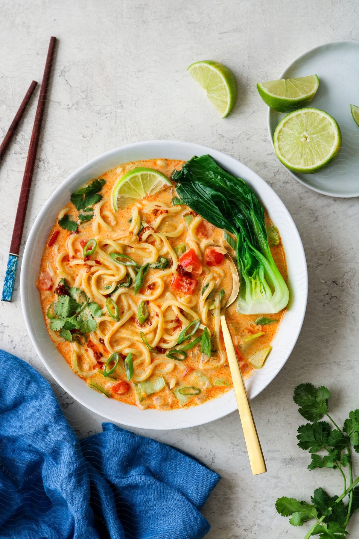 A bowl of noodles with chopsticks and lime on a table