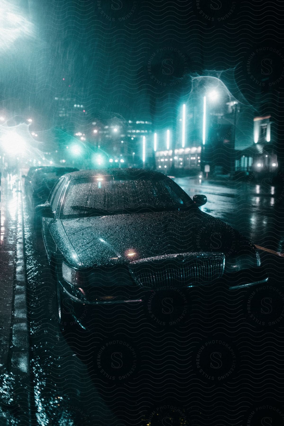 A parked car in a rainy city at night