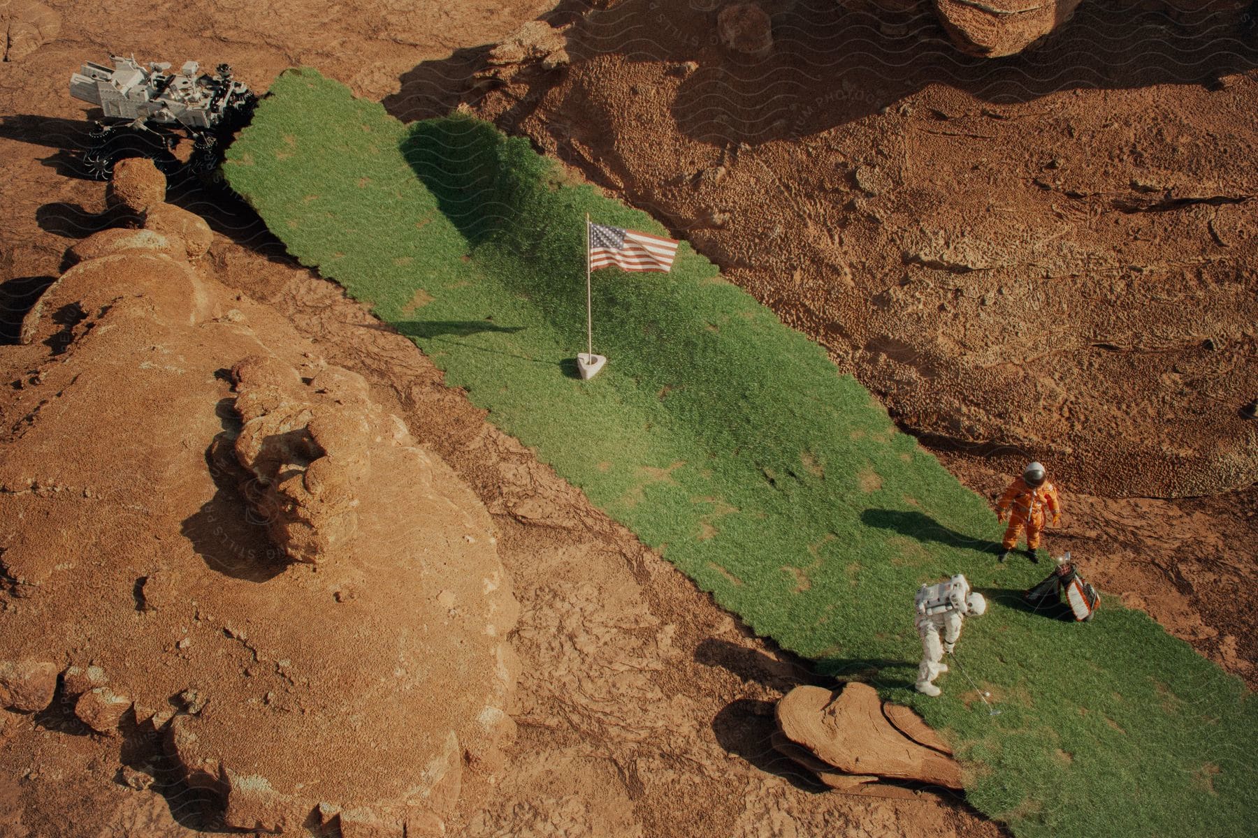 Astronauts playing golf on a foreign planet