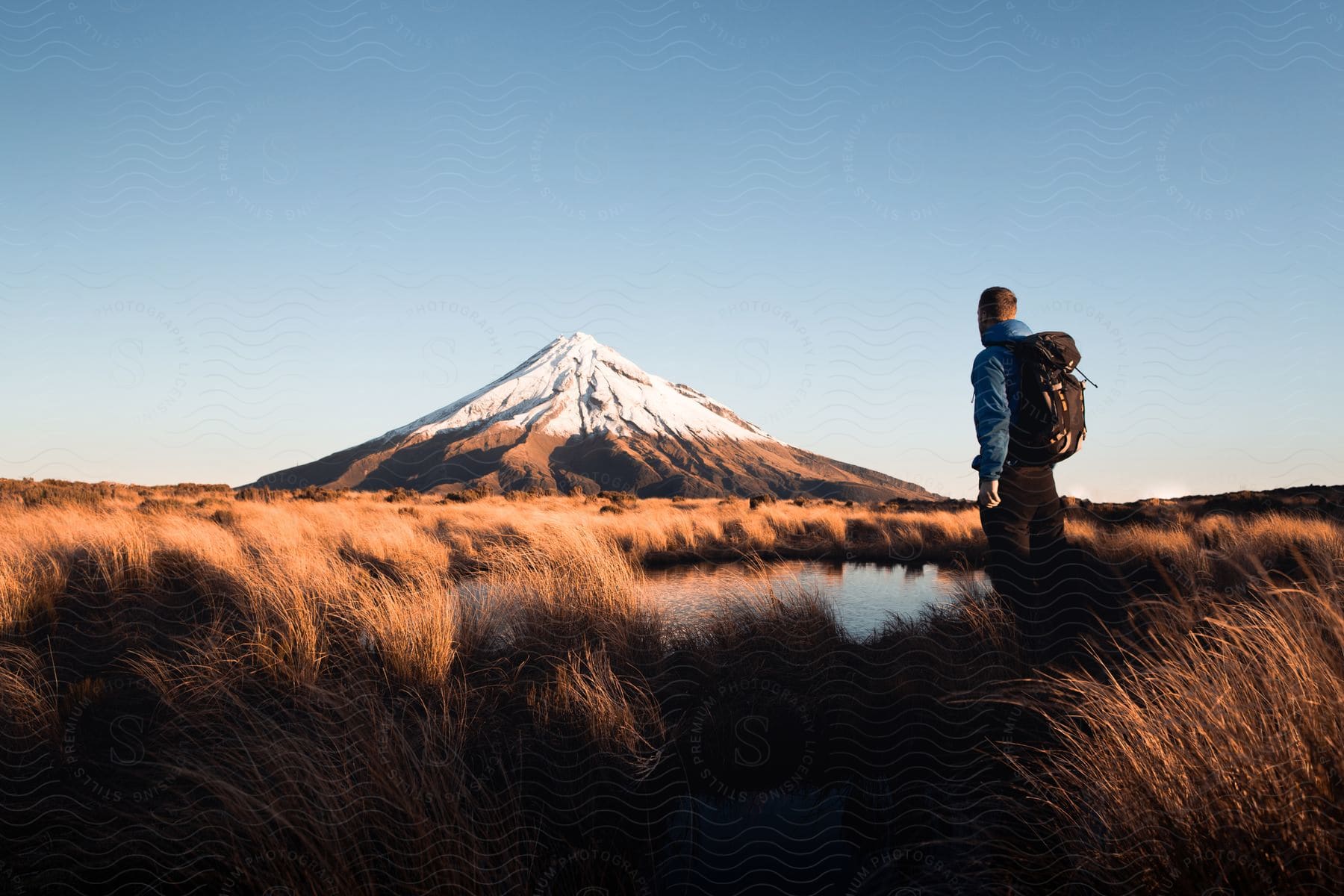 A man with a backpack poses in an outdoor setting gazing at a snowy mountain and the horizon