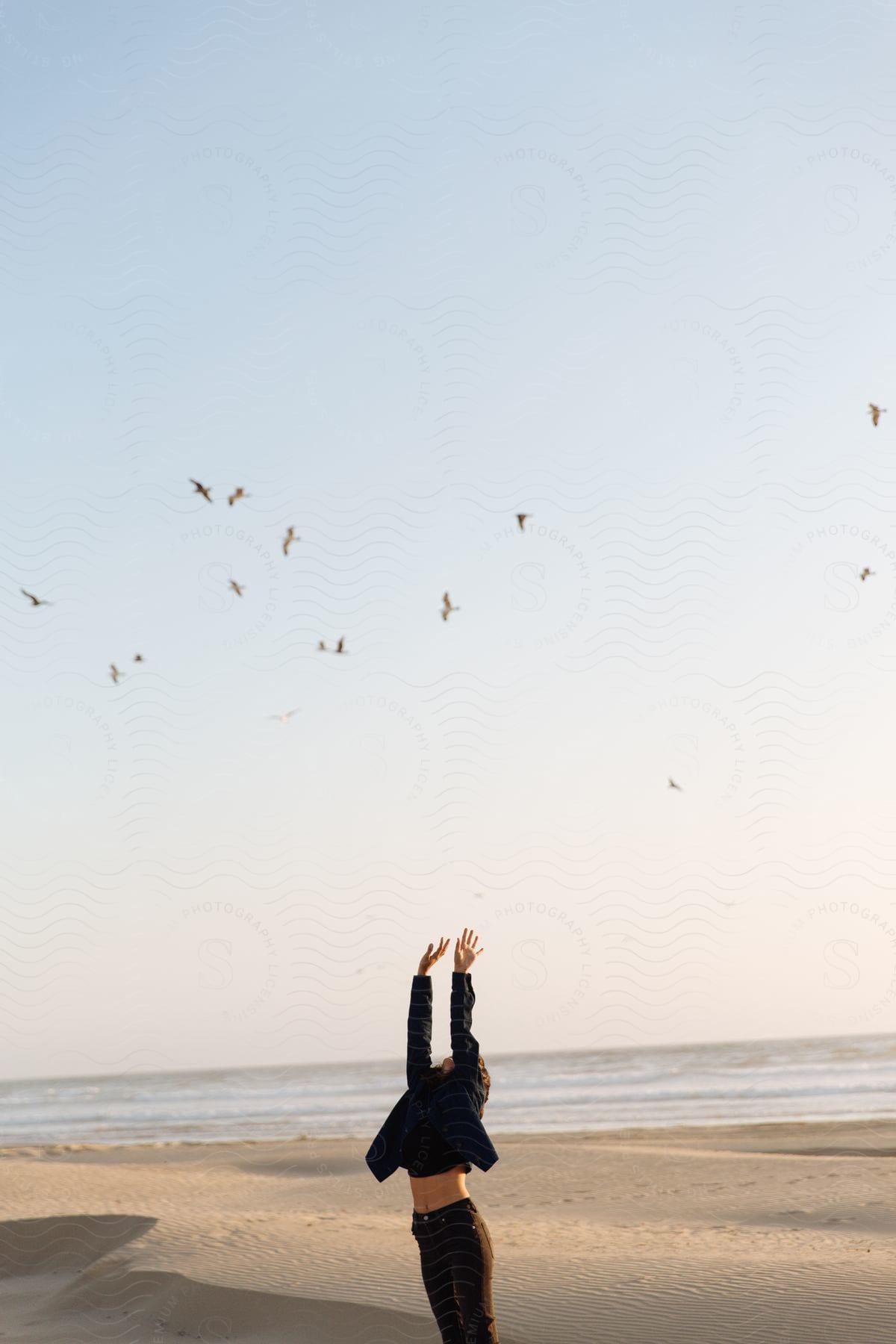 A woman on the beach reaches out to birds flying overhead