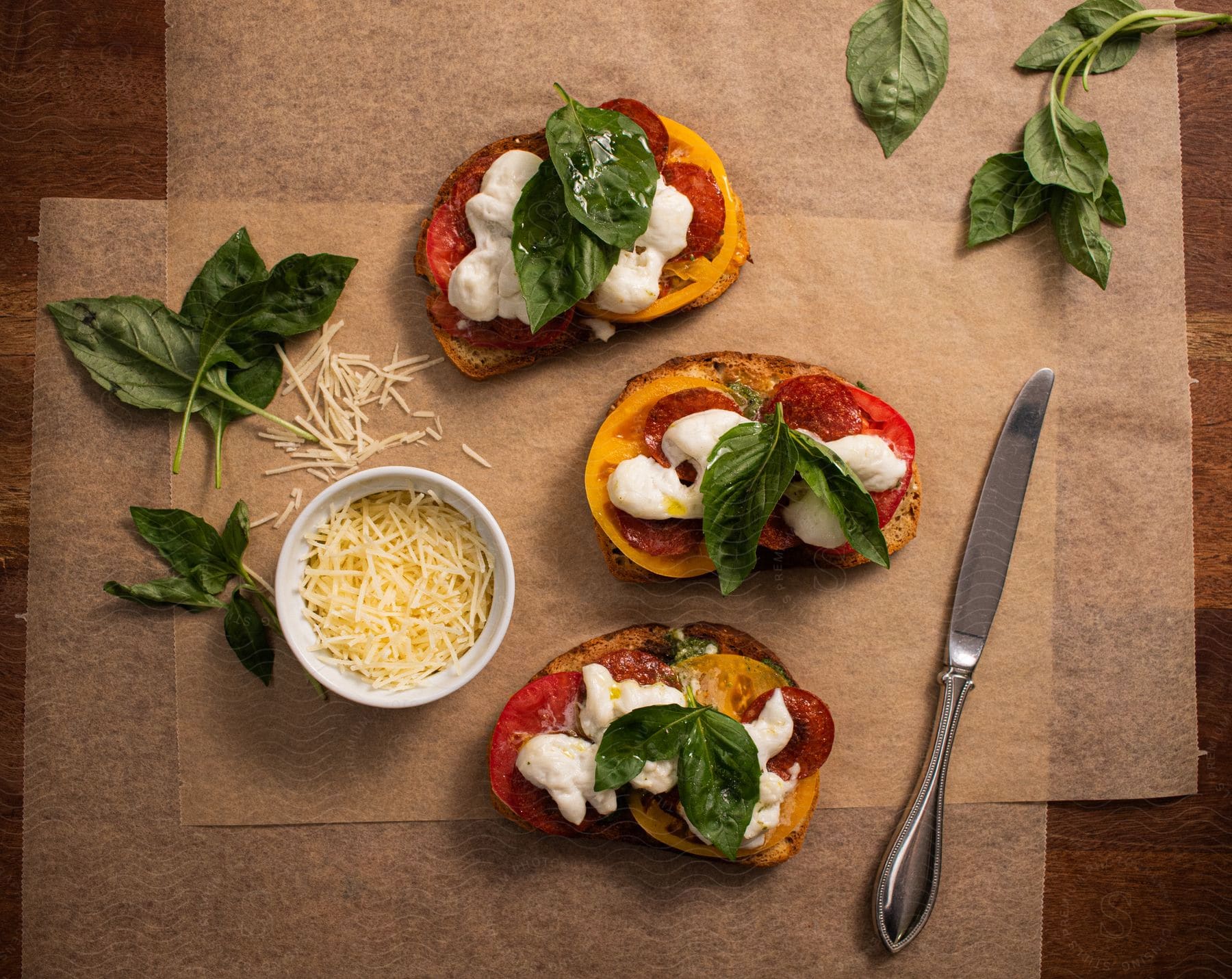 Top down close up of a hearty healthy meal over sheets of brown paper