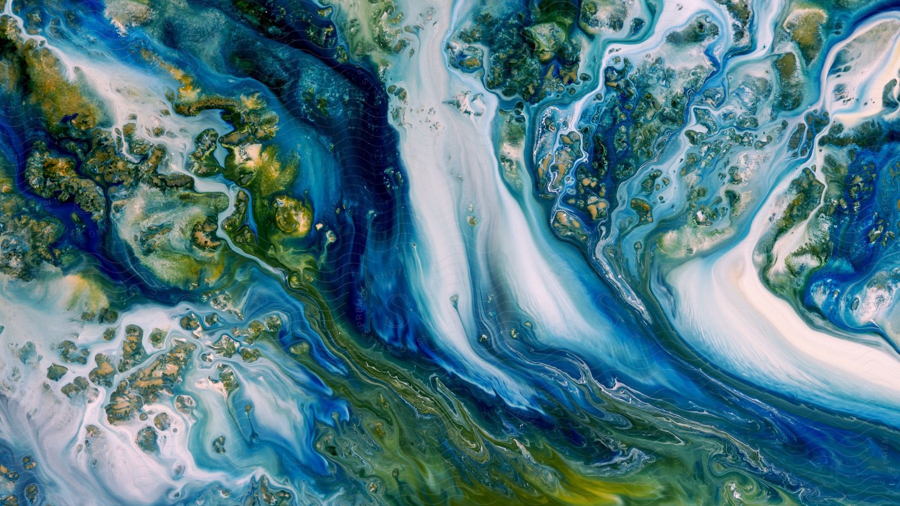 Abstract acrylic painting with blue background white and green liquid swirls