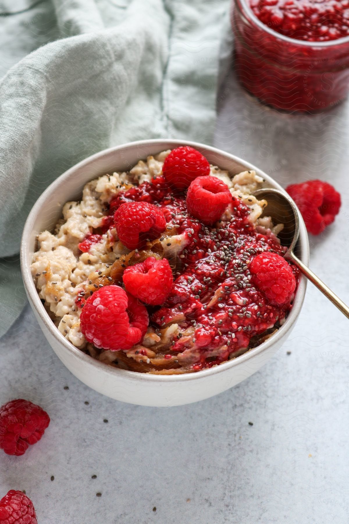 Close up of raspberry oatmeal in a bowl