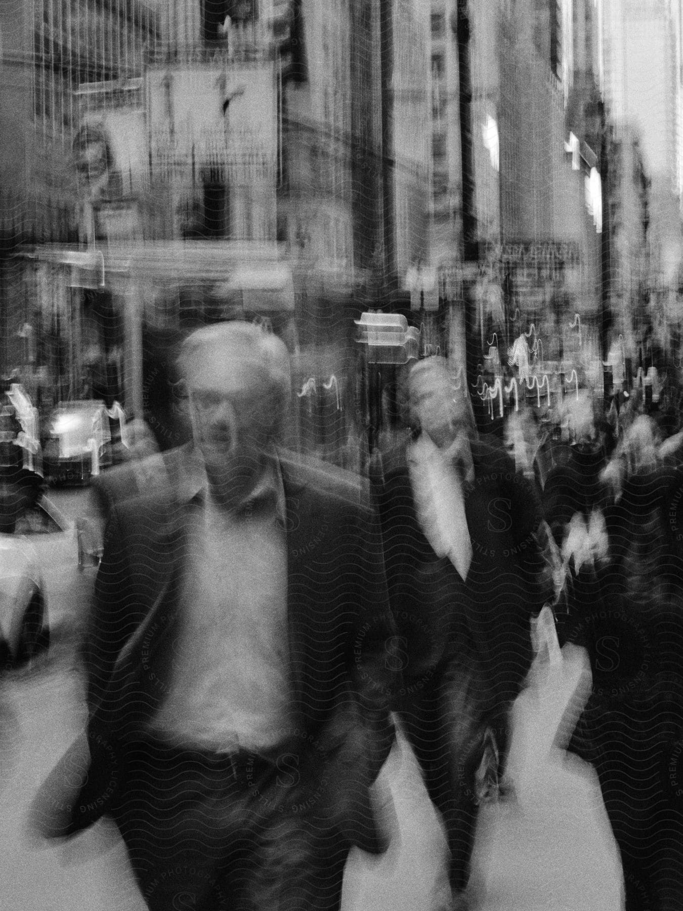 A busy urban street with a small crowd of mostly suited men walking