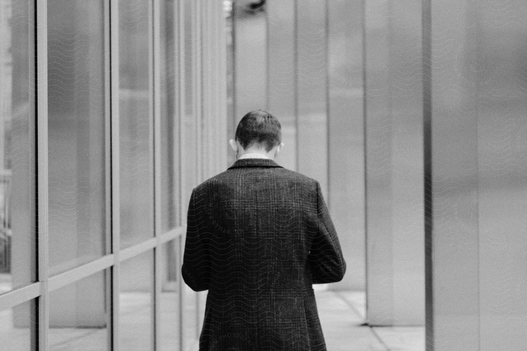 A man in a thick coat walks between glass walls and metal pillars of a city building