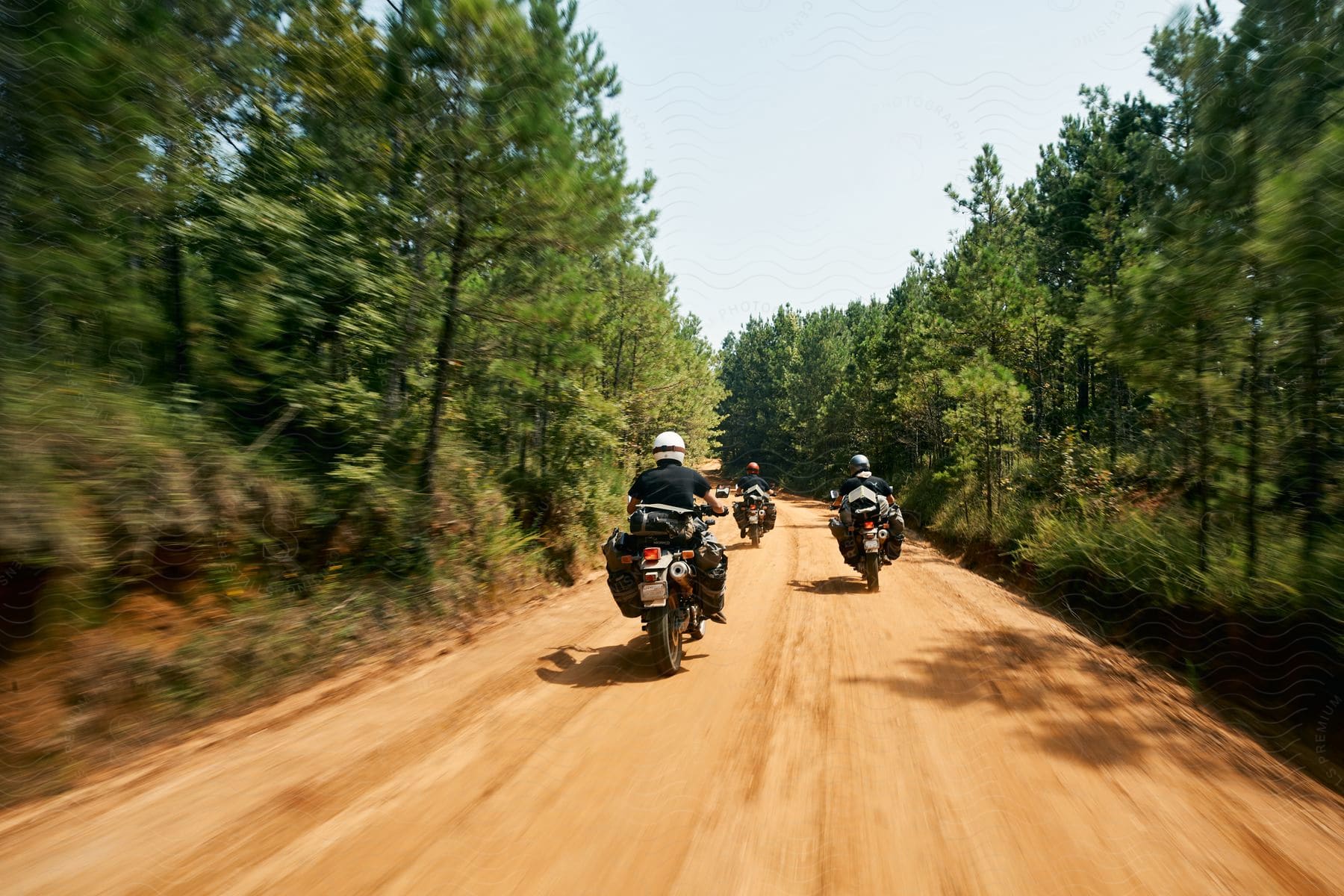 Three determined individuals on a motorcycle adventure surrounded by sky trees and the open road