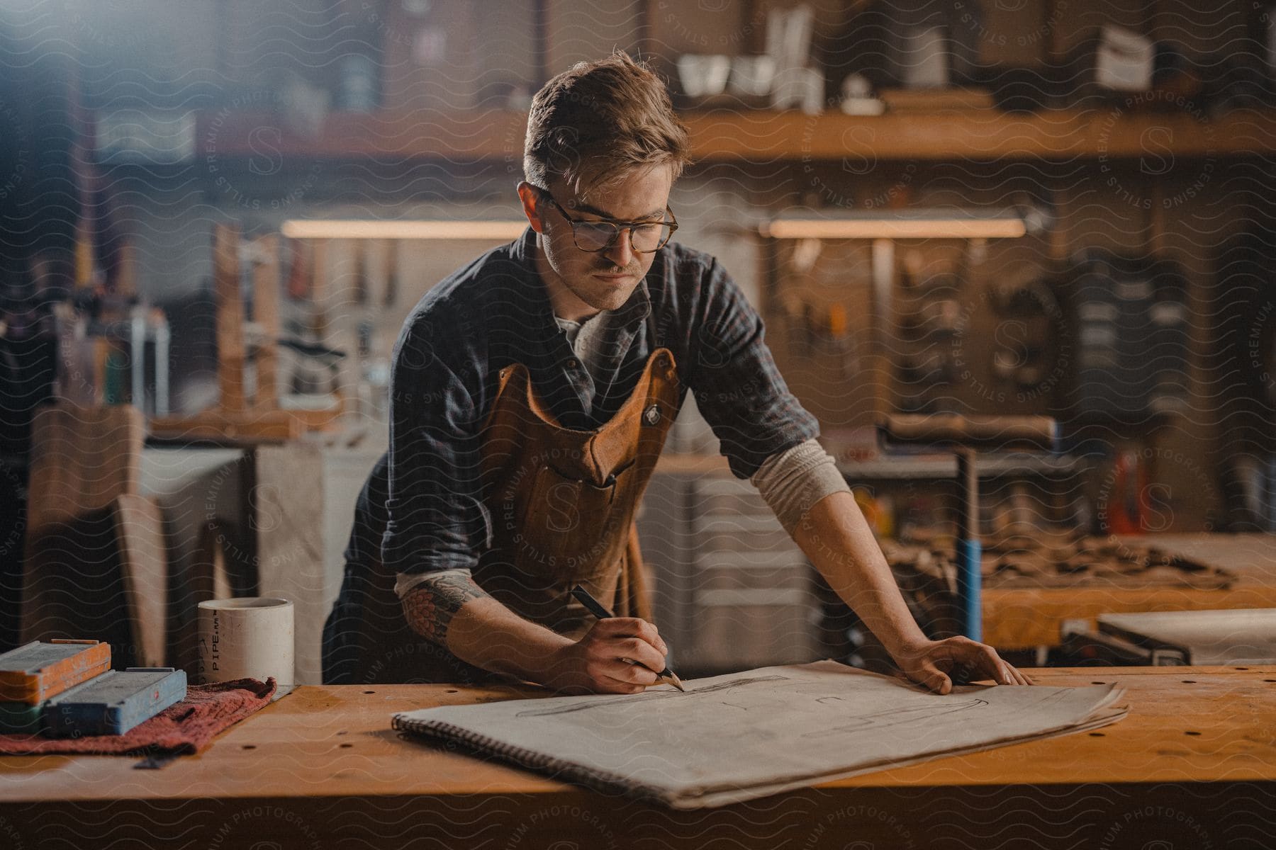 Stock photo of a man working in his workshop drawing a design on a sketch pad