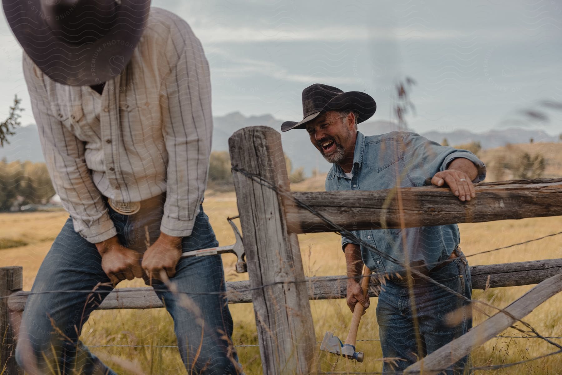 Cowboys fixing a wooden and barbed wire fence on a grassy plain one laughing