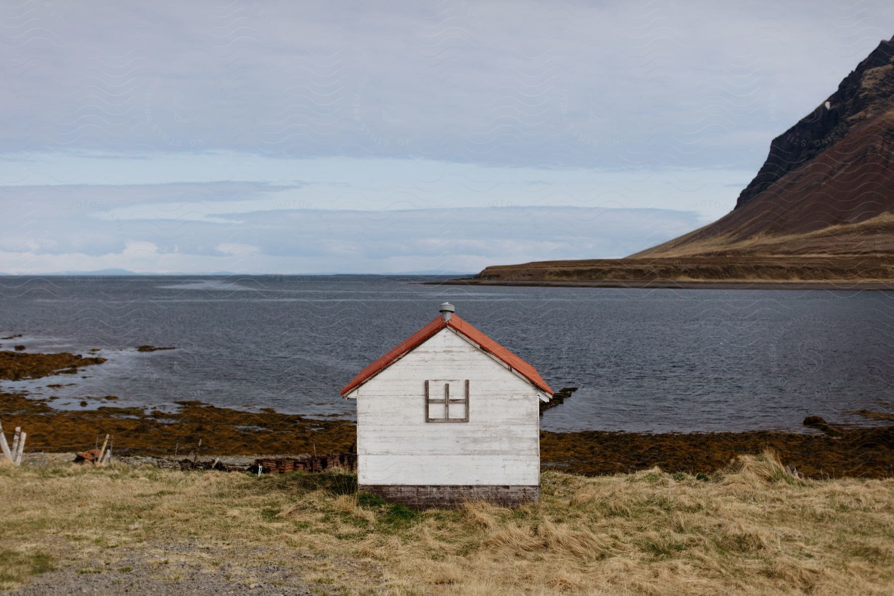 A small white house with a red roof on the coast of an island in iceland