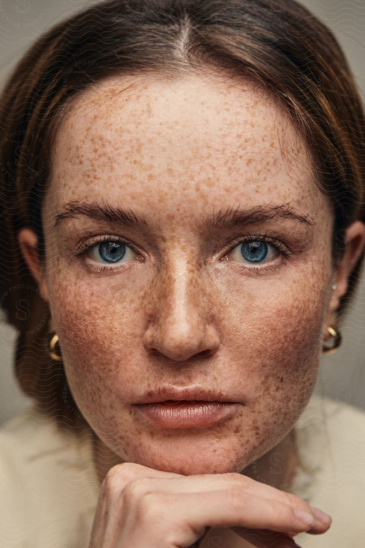 A neutralfaced adult woman with freckles