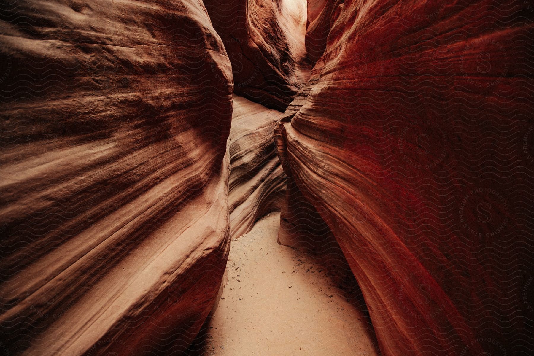 A narrow trail cuts through a tight canyon of terracottacolored rock in antelope canyon