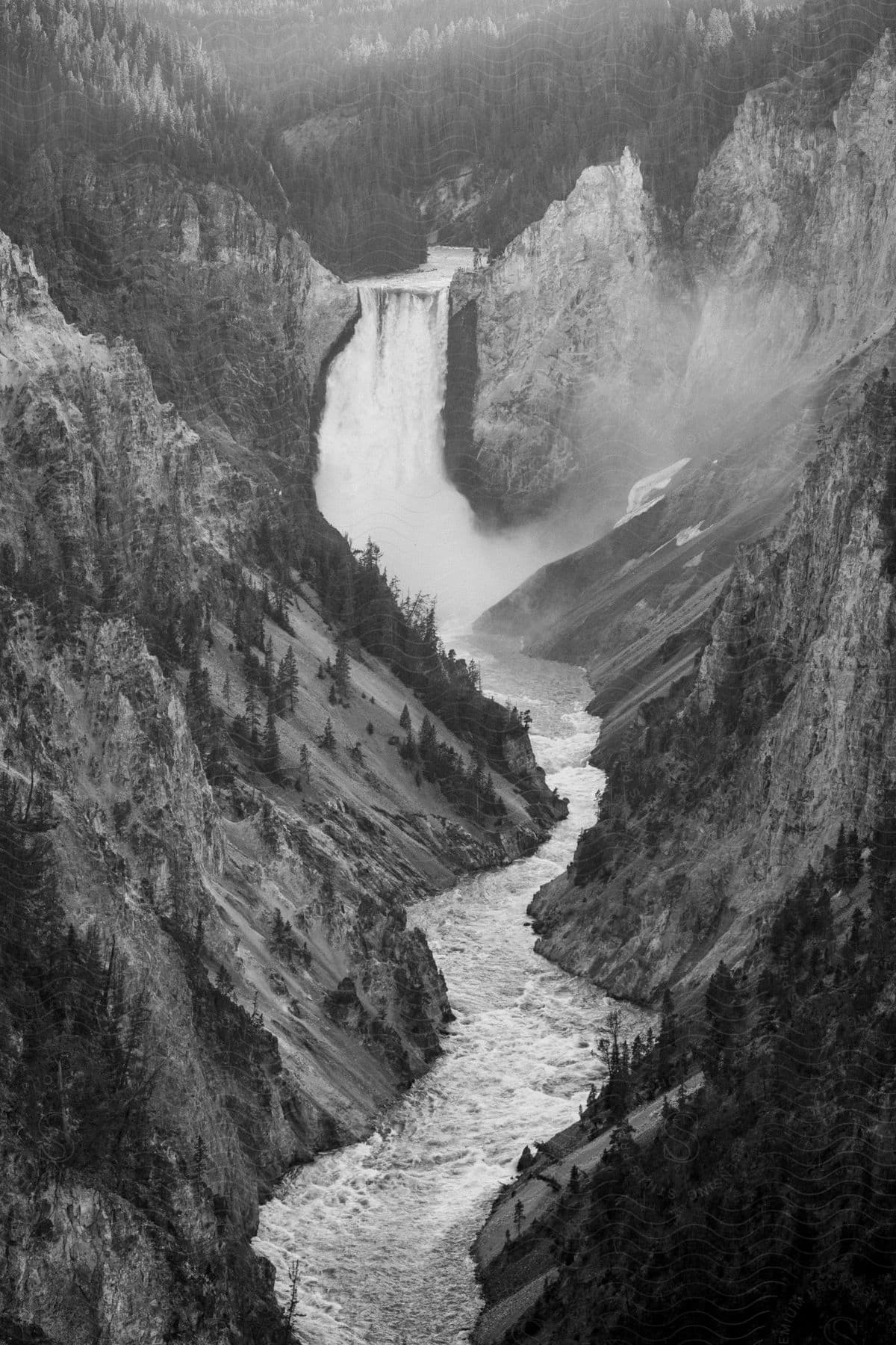 Waterfalls flow over a forested mountain cliff and through a mountain river valley in yellowstone national park