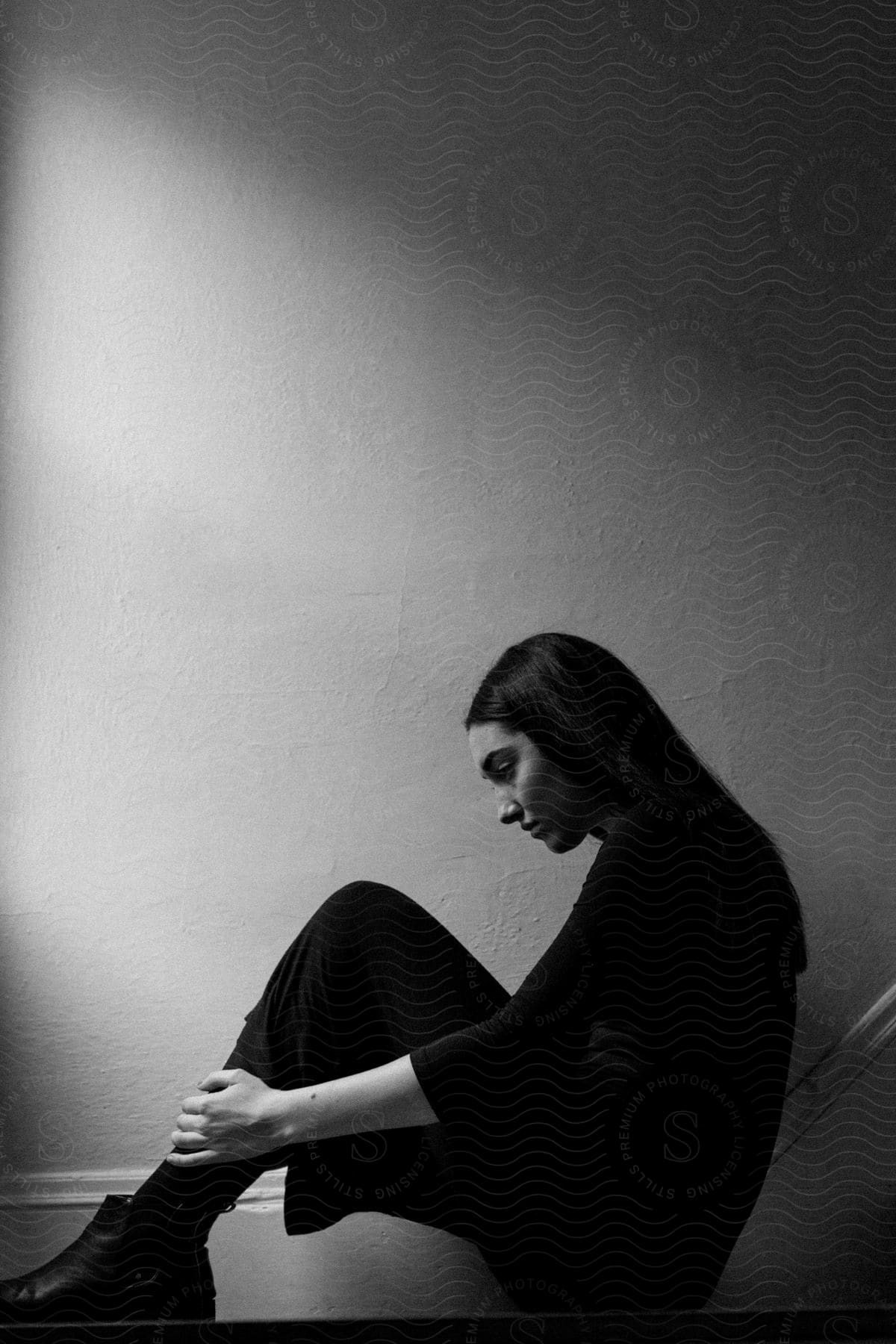 A black and white side profile of a woman sitting with her knees up to her chest looking down at her feet