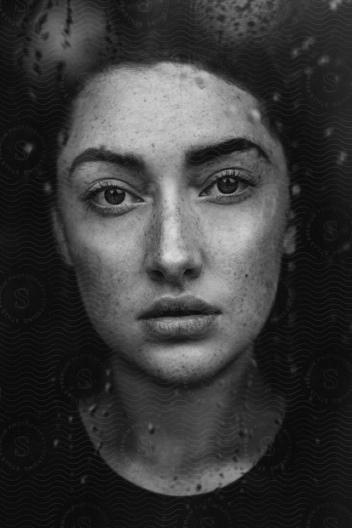 Woman with freckles looks directly at the camera through a rainkissed window