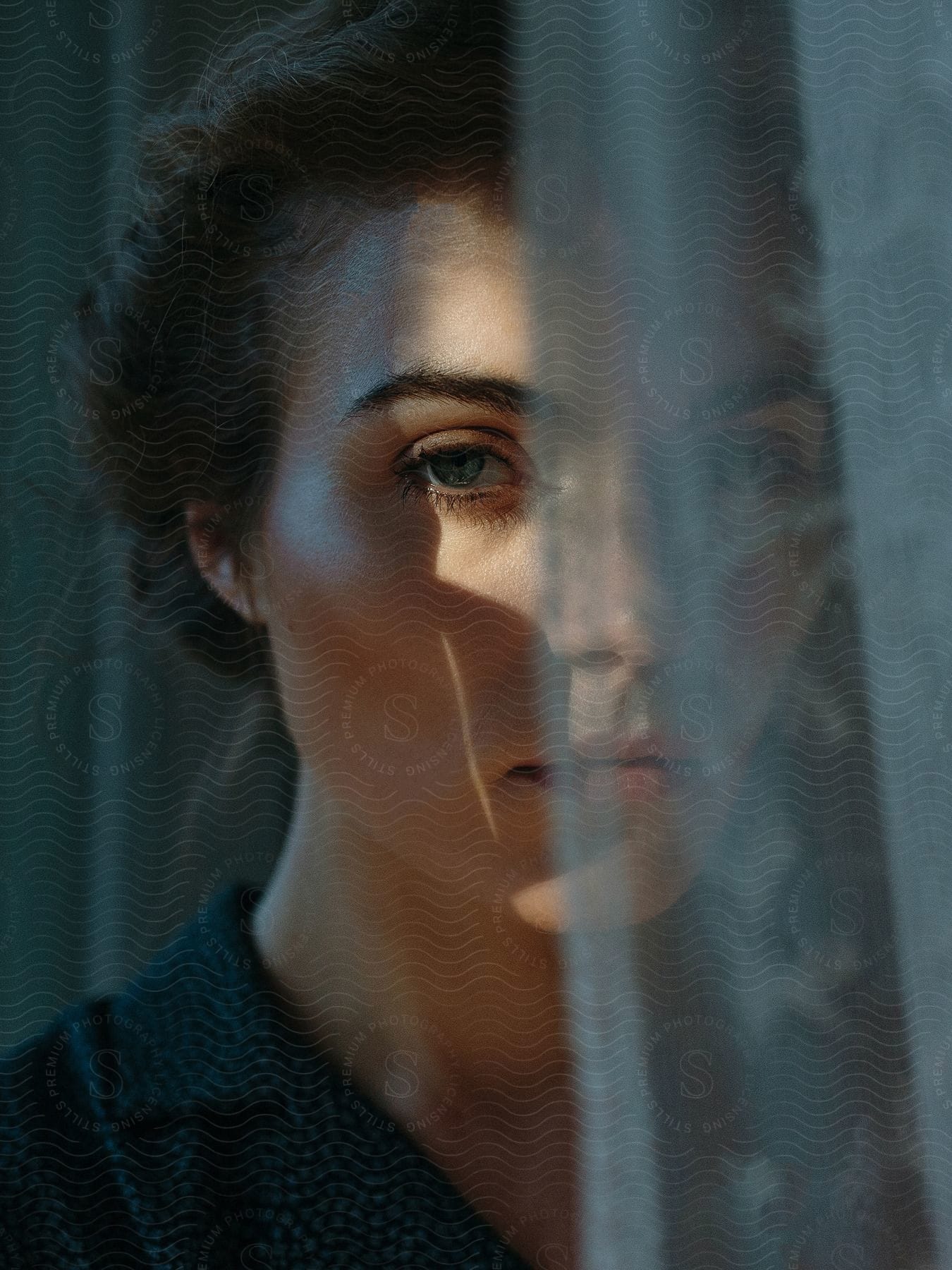 A woman with pulledback brown hair hides behind a window curtain