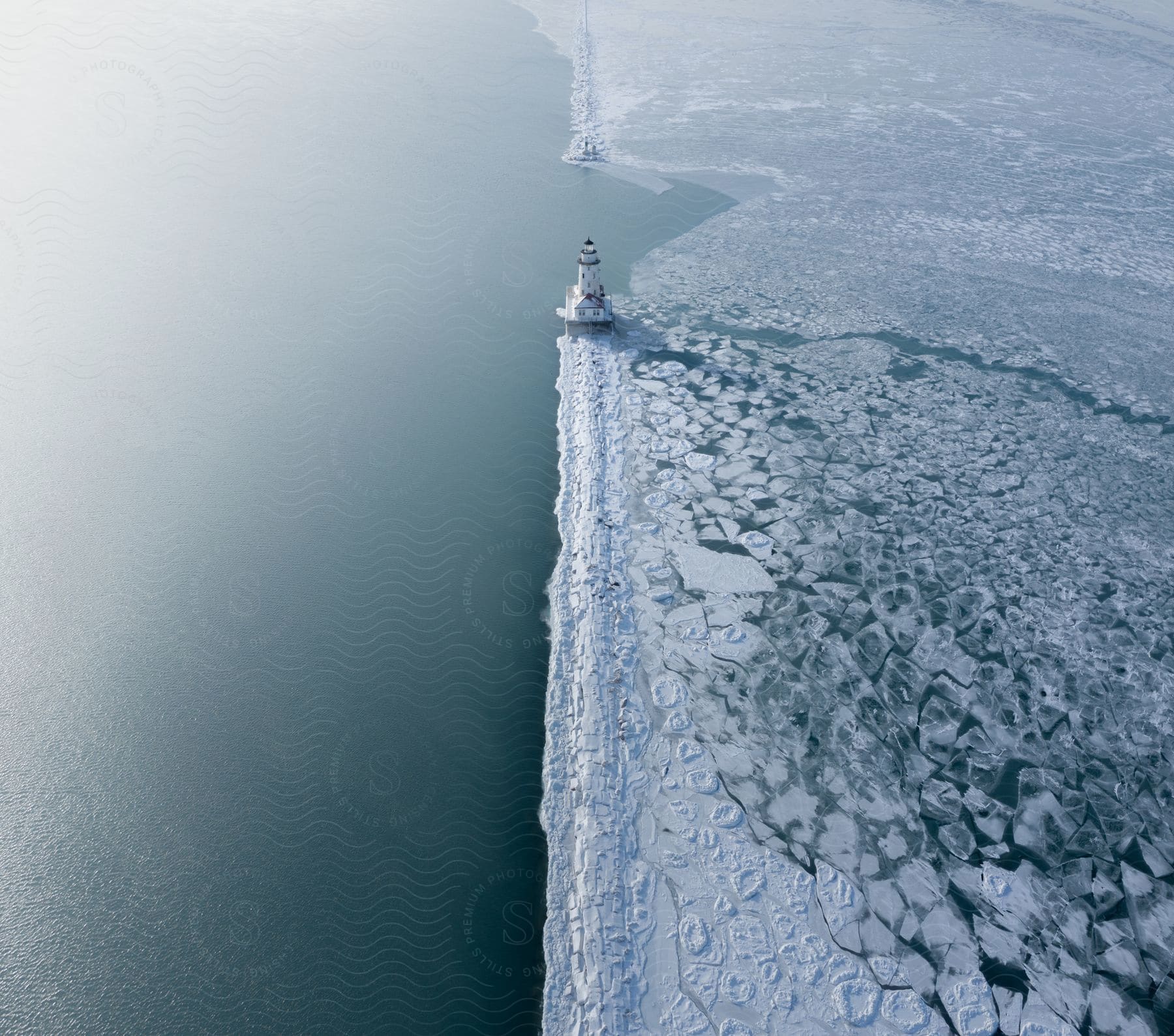 Lighthouse guiding ships through icy sea