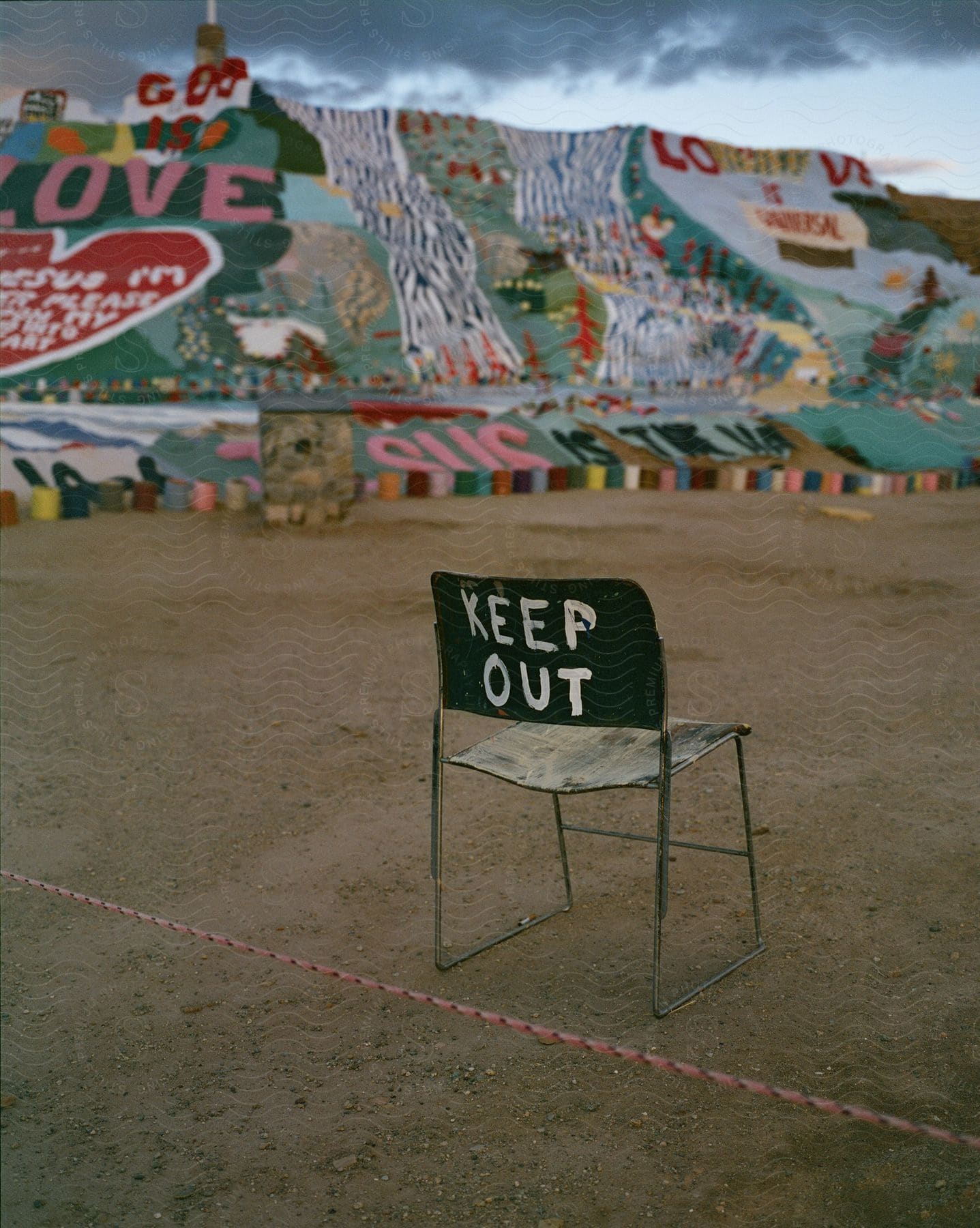 A visionary environment on the hillside of salvation mountain featuring a chair and painting in an outdoor desert landscape