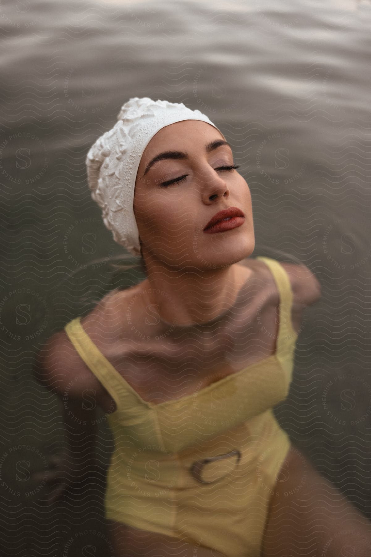 Woman in yellow swimsuit with eyes closed and wearing a white bonnet sits in water