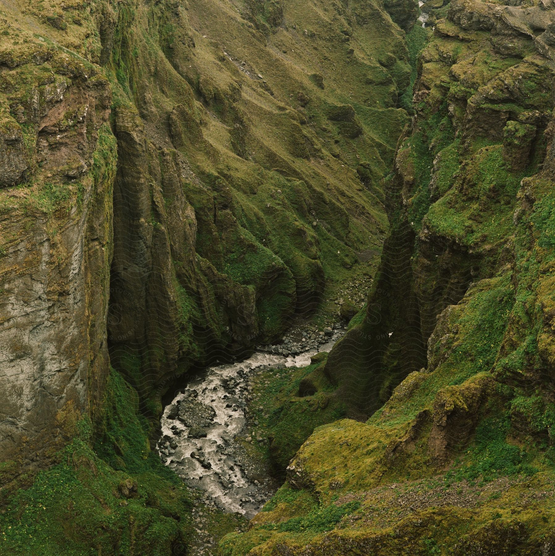 A green mountain with a canyon