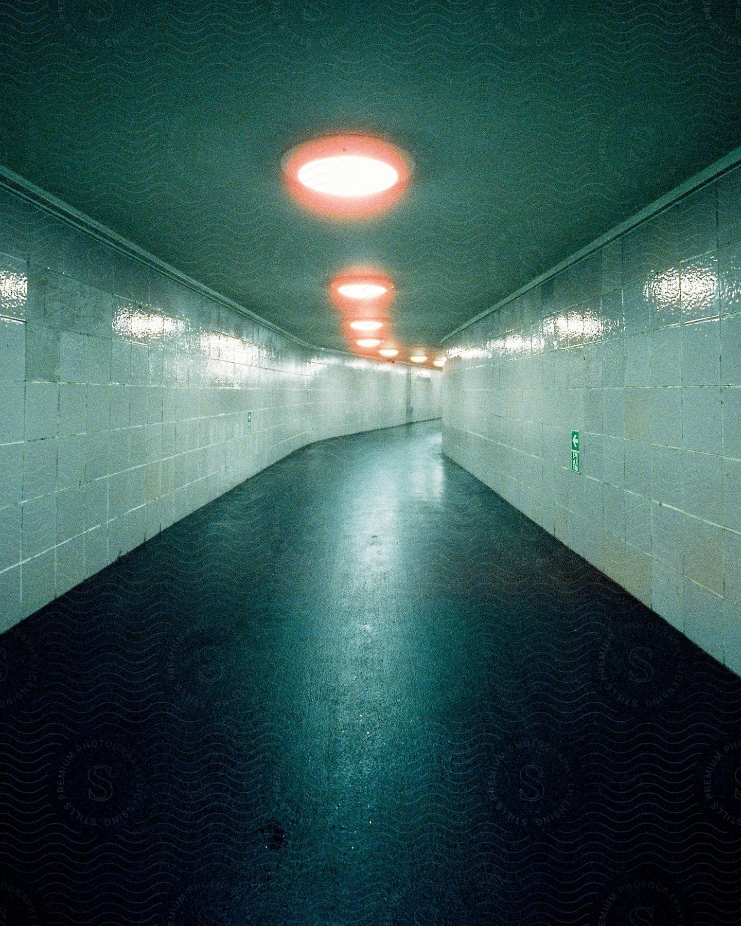 Empty terminal tunnel with architectural fixtures and lighting