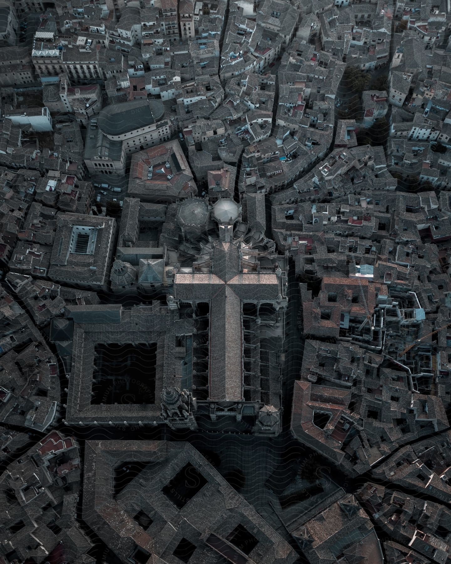 Aerial view of a large cathedral in a european city