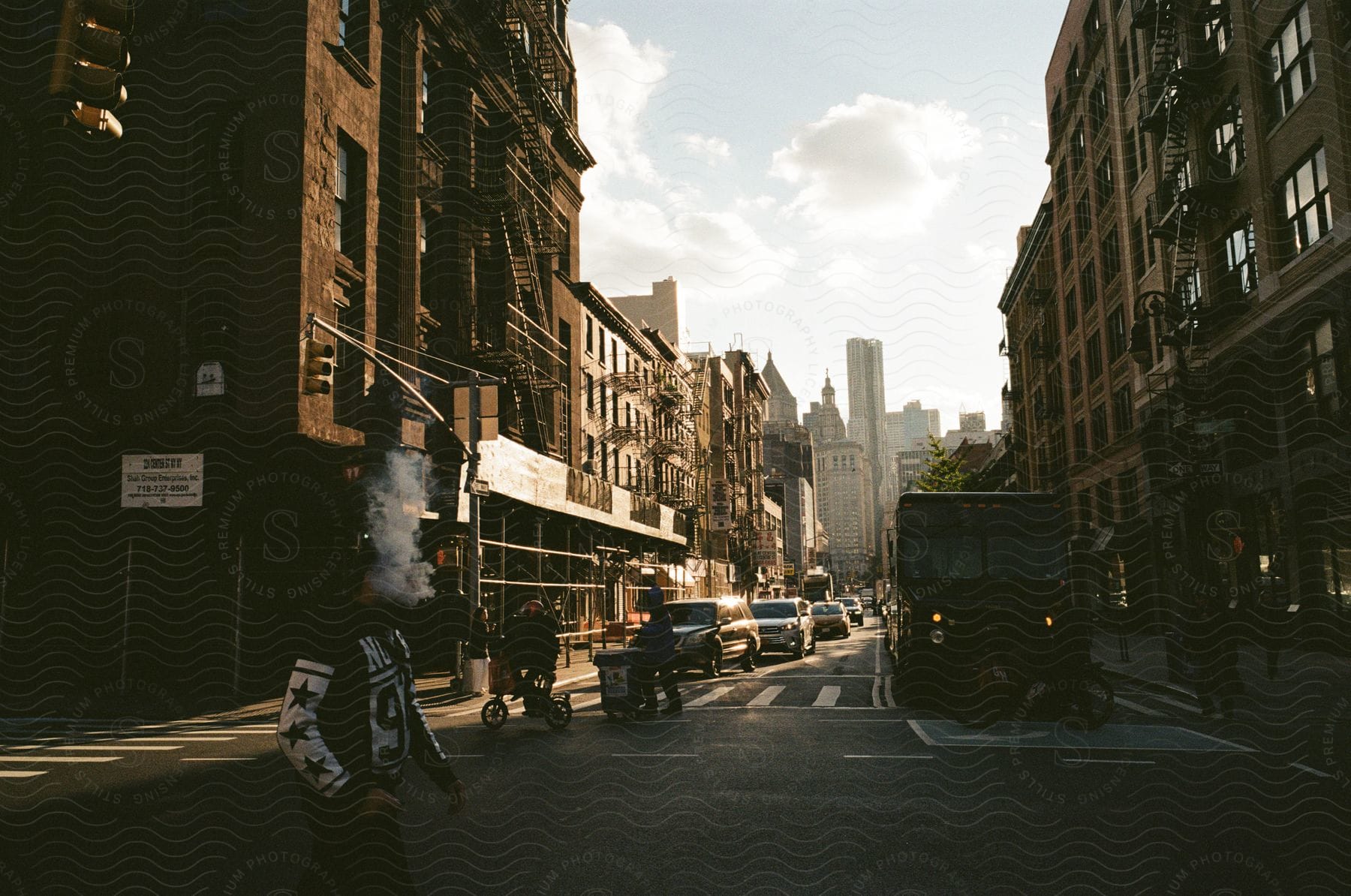 A man walks downtown on a cloudy day in new york city