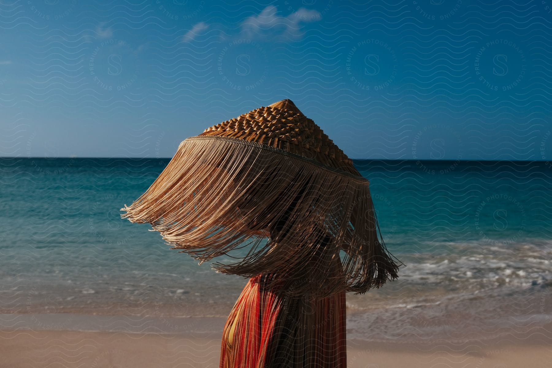 A woman on the beach wearing a traditional asian hat