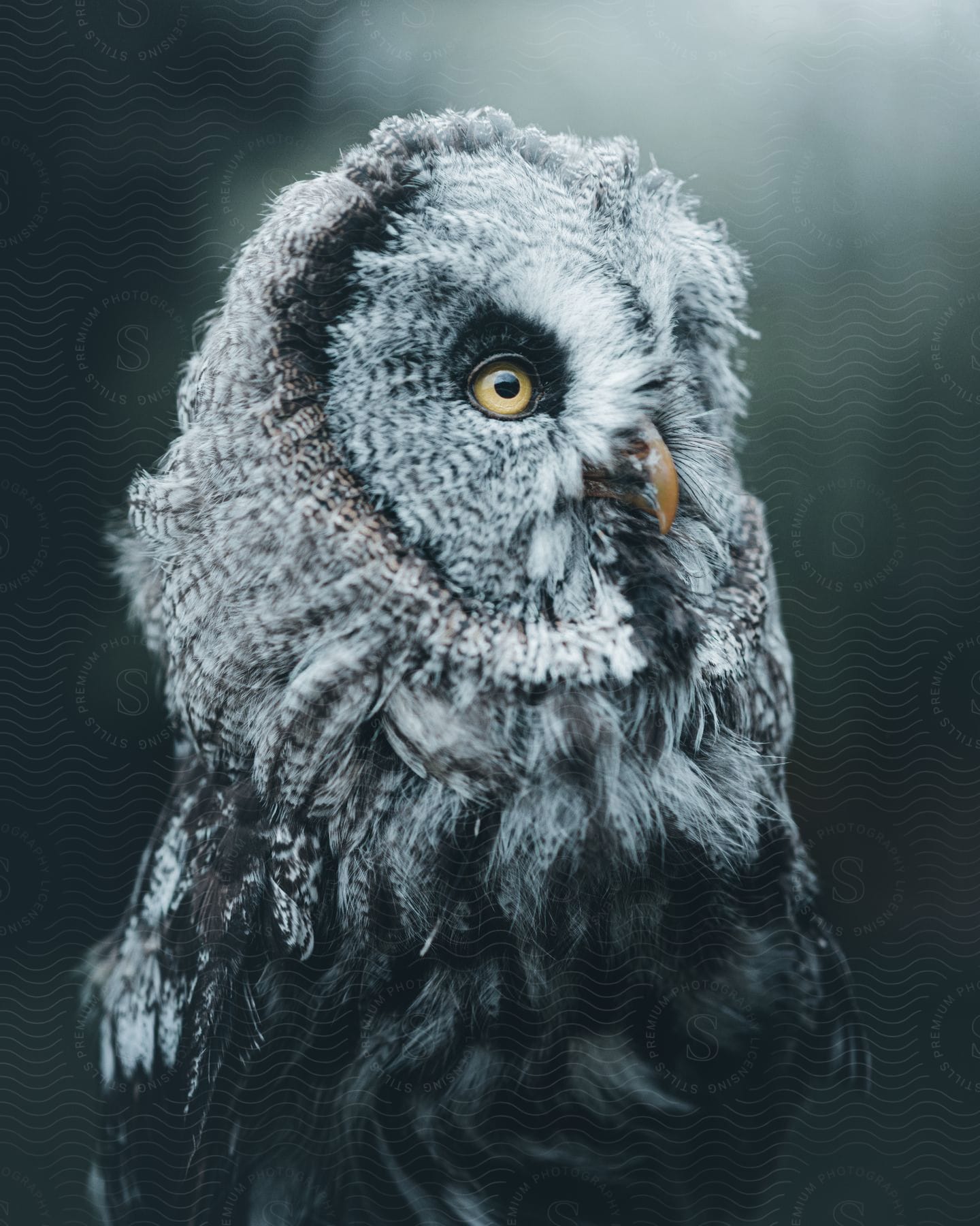 A great grey owl with dark blue and white feathers looking straight on with only its right eye visible