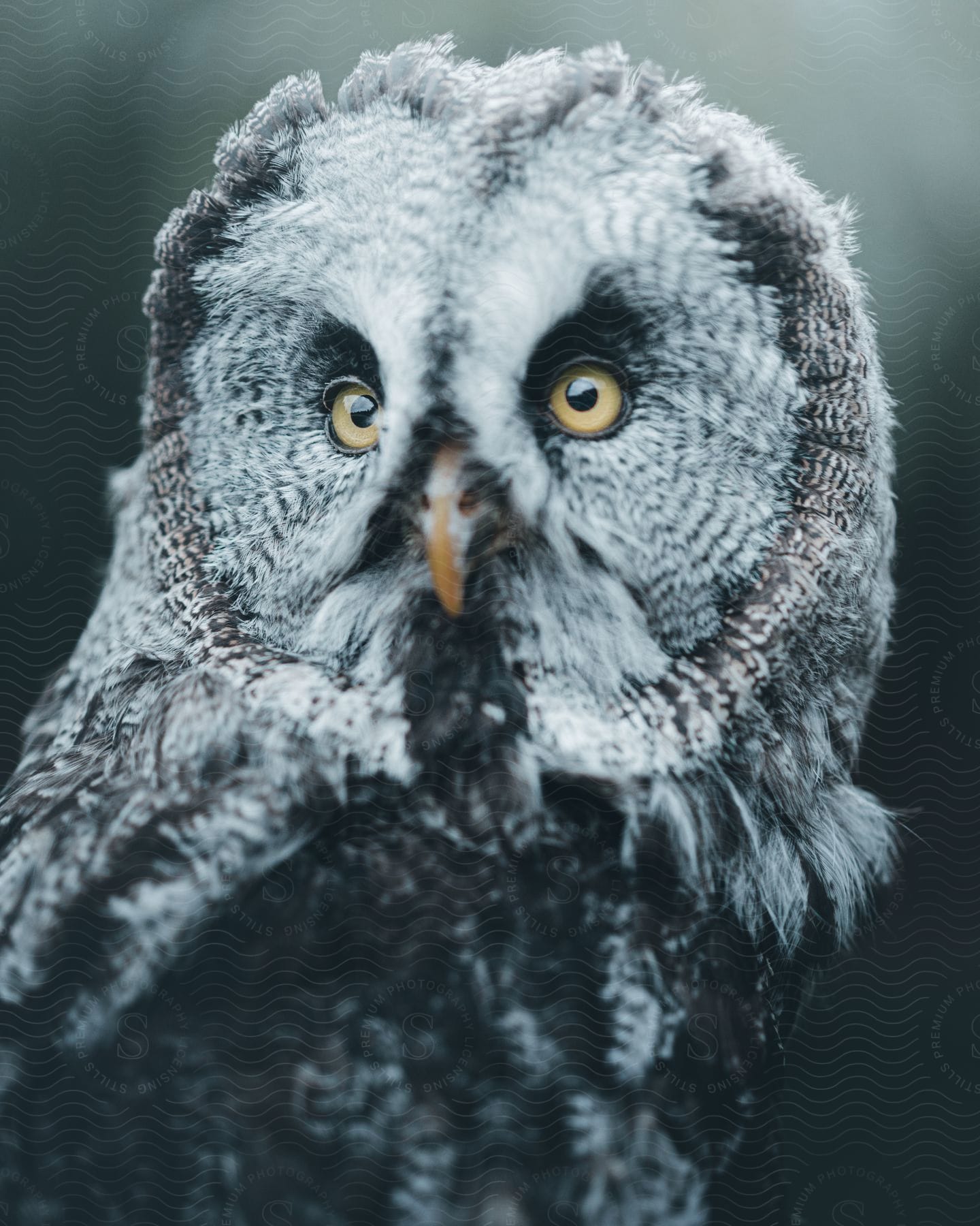 A great grey owl is looking straight ahead with focused eyes