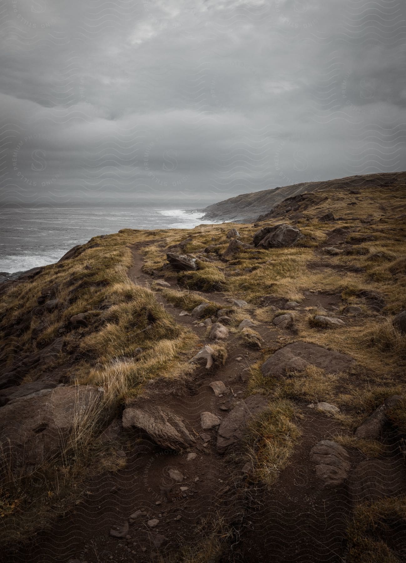 Waves roll in along the coast under a dark cloudy sky