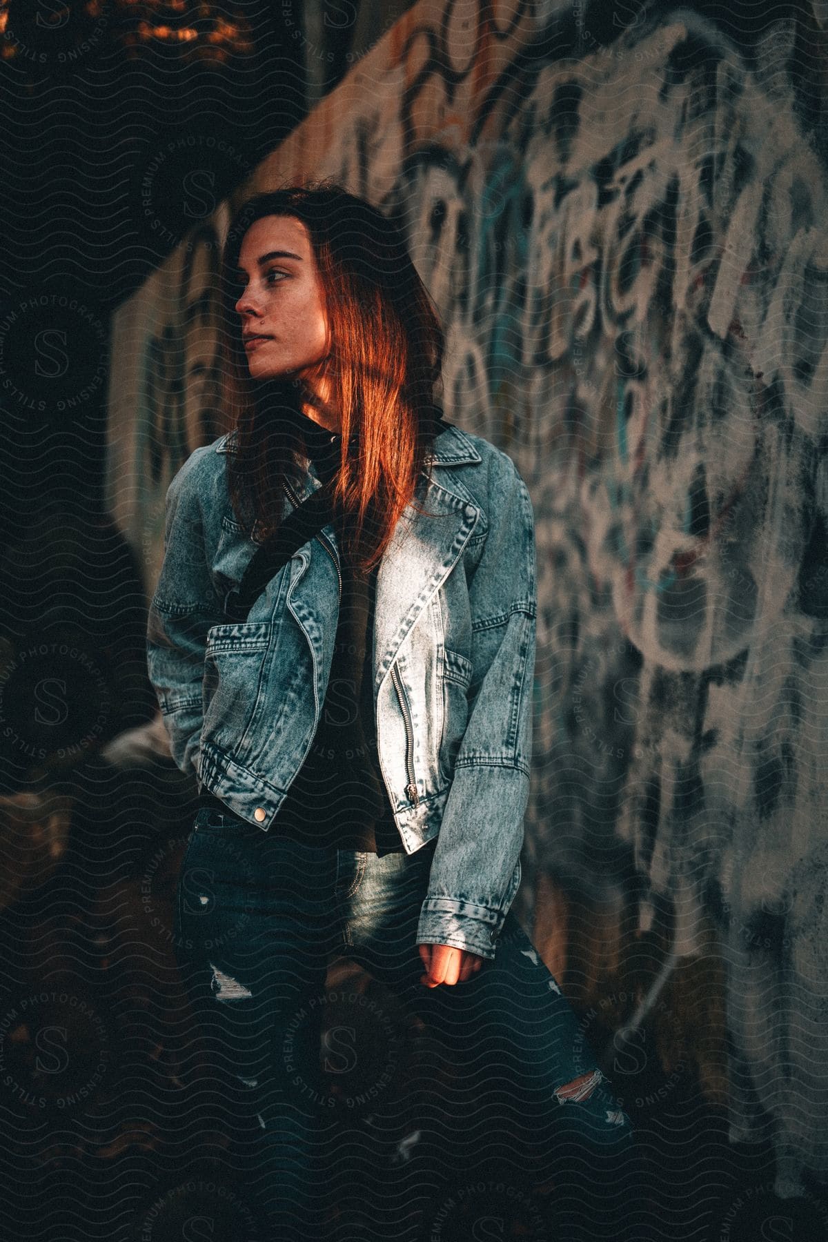 Woman posing outdoors next to a wall of graffiti