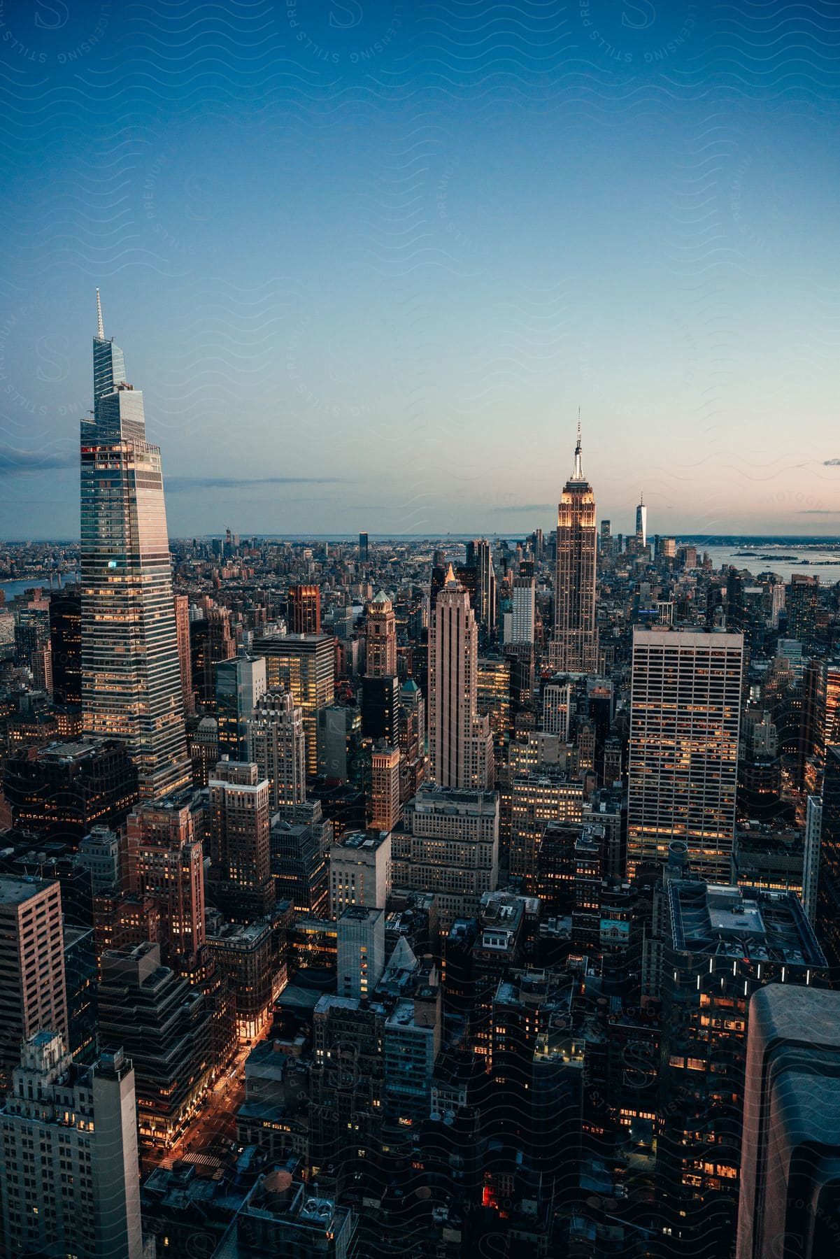 New york city skyscrapers at sunset