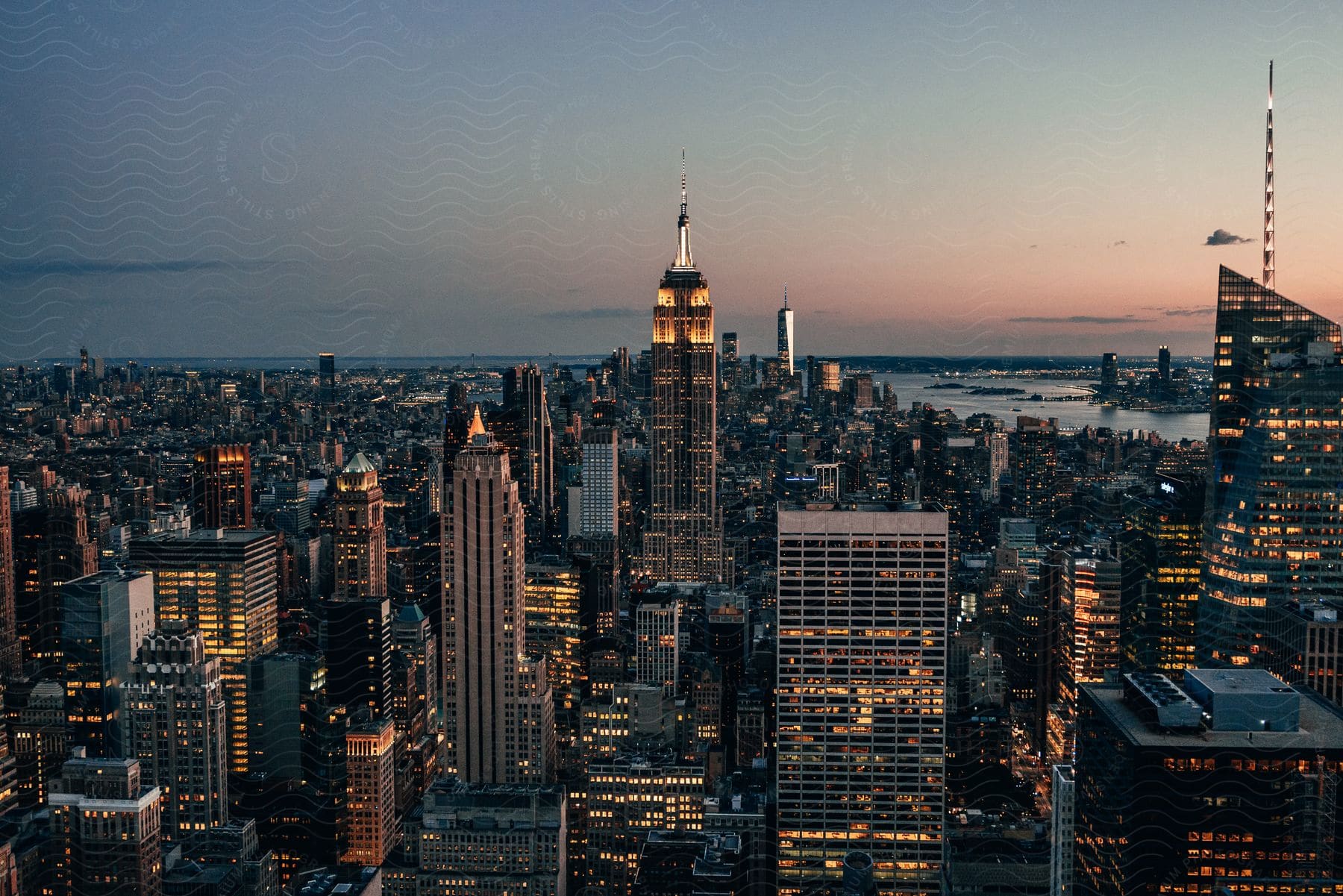 Aerial shot of rockefeller center at dusk or dawn in new york city