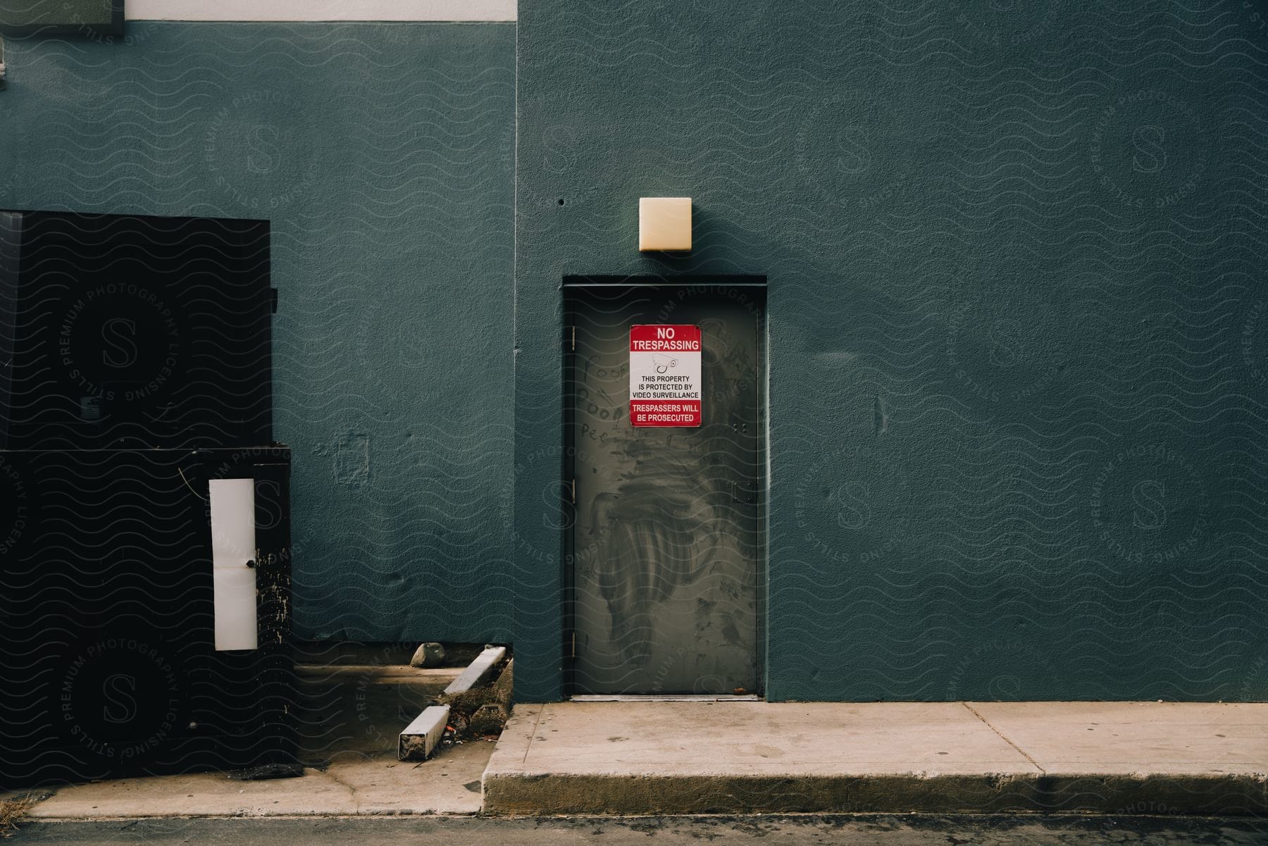 Exterior of a building with a no trespassing door and nearby dumpster